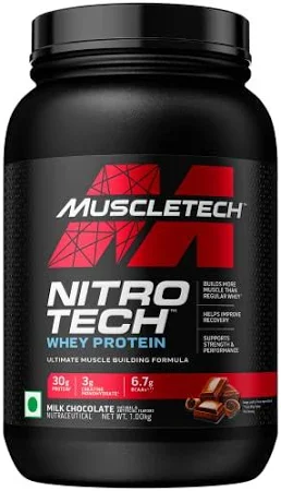 Muscletech NitroTech Whey Protein Ultimate Muscle Building Formula with a Unique Blend of Whey Protein Isolate & Peptides – 30gm Protein, 3gm Creatine & 6.6gm BCAAs, Milk Chocolate Flavor, 2.20 lbs